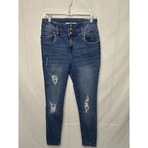 Refuge Ibiza Distressed Skinny Jeans Womens 9 Blue Stretch Denim Button Fly